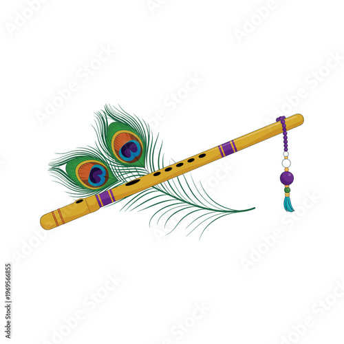 Krishna Flute with Peacock Feather Indian Spiritual Symbol Illustration, Vishu Festival, Janmashtami, Hindu Festival