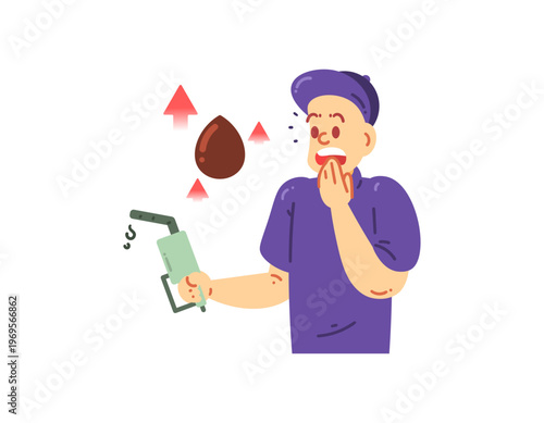 Illustration of a male driver who is shocked because the price of gasoline has increased. Fuel prices are getting more expensive. Increase in fuel prices. Flat style character illustration.