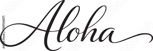 Elegant Aloha script text a Hawaiian greeting in flowing calligraphy perfect for travel tourism and cultural designs isolated on white background