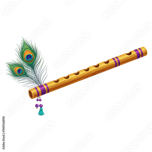 Krishna Flute with Peacock Feather Indian Spiritual Symbol Illustration, Vishu Festival, Janmashtami, Hindu Festival