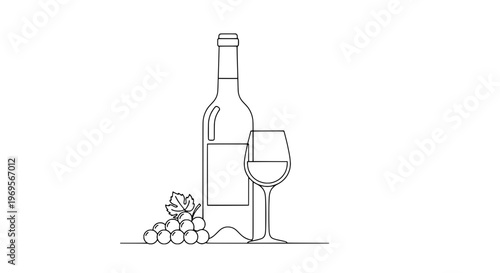 Wine bottle with glass and grapes illustration in line art style featuring beverage, drink, alcohol with vineyard and grapevine elements for elegant,