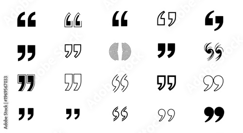 Quotation marks icons set with diverse styles and black outlines, representing speech and text. featuring quote icon, citation, punctuation with
