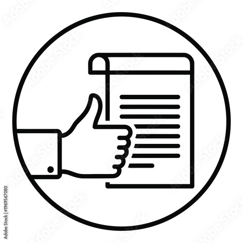 Thumbs up hand holding document in circle icon outline style icon