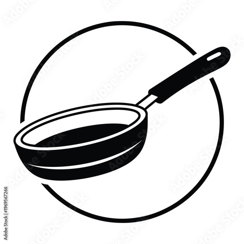 Black and white illustration of a frying pan with handle in circle icon