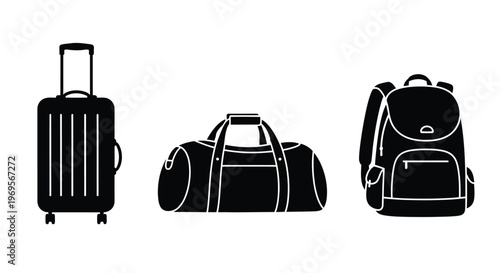 Black and white vector illustration of a rolling suitcase duffel bag and backpack