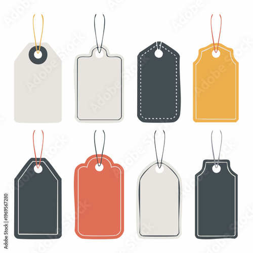 Collection of blank price tags in various colors and styles