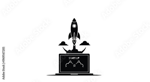 Black and white illustration of a rocket launching from a laptop