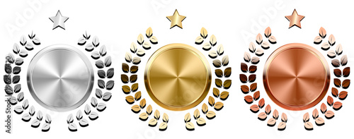 金銀銅の輝くメダルと月桂樹リースと星アイコンのセット、ランキングや表彰に使える高級感あるアワードデザイン素材