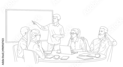 A dynamic black and white line drawing vividly captures a productive business meeting in progress, showcasing a diverse group of professionals actively collaborating around a round table, while an eng