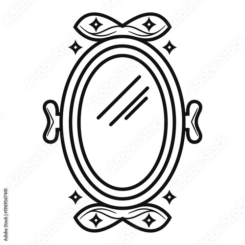 Blackandwhite illustration of vintage oval frame with ribbons and stars icon