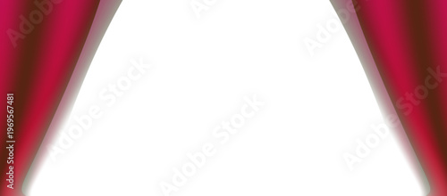 赤いベルベットカーテンが左右から開く舞台演出のシンプル背景、スポットライトを想起させる白空間のドラマチックなステージデザイン素材