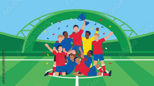 Diverse soccer team celebrating championship victory on the field with trophy