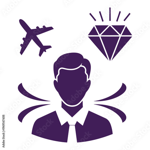 Businessman with airplane and diamond icons for luxury travel and wealth management services icon