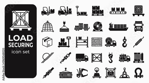Truck Loading Securing Bold Line Icons-Dock Leveler Forklift Ratchet Strap Dunnage Cargo Net Tail Lift Chock-25 Loading Icons Set Vector - Cargo Securing Icons