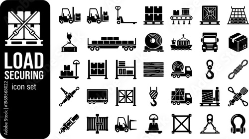 Truck Loading Securing Bold Line Icons-Dock Leveler Forklift Ratchet Strap Dunnage Cargo Net Tail Lift Chock-25 Loading Icons Set Vector - Cargo Securing Icons