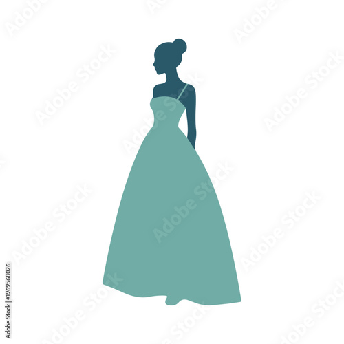 Silhouette of woman in elegant teal ball gown, full length studio shot
