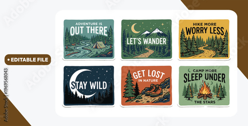 Outdoor adventure badge set featuring camping quotes and forest illustrations. Perfect for t-shirt designs, stickers, travel gear, or hiking-themed merchandise.
