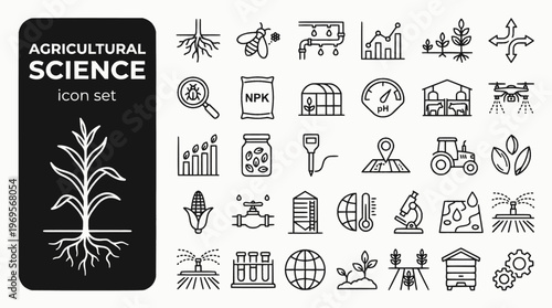 Agricultural Science Bold Line Icons-Crop Rotation Irrigation Soil Nutrient GMO Selective Breeding Fertilizer Greenhouse Hydroponics-20 Agri Science Icon Set Vector - Farming Icons