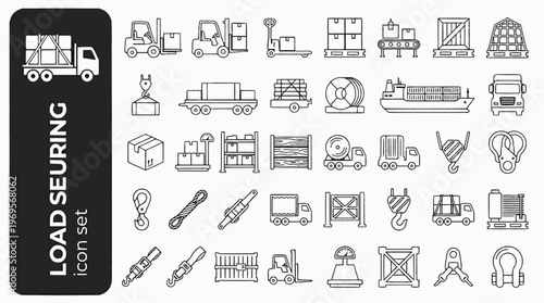 Truck Loading Securing Bold Line Icons-Dock Leveler Forklift Ratchet Strap Dunnage Cargo Net Tail Lift Chock-25 Loading Icons Set Vector - Cargo Securing Icons