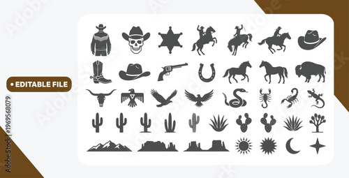 Vector set contains 45 black Western-themed icons, including cowboys, horses, desert landscapes, cacti,, skulls, boots, and stars.
