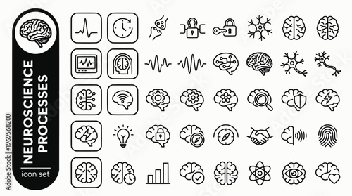 Neuroscience Processes Bold Line Icons-Action Potential Myelination Synapse Vesicle Receptor Neuroplasticity EEG fMRI Neural Oscillation-25 Neuroscience Icon Set Vector - Brain Process Icons