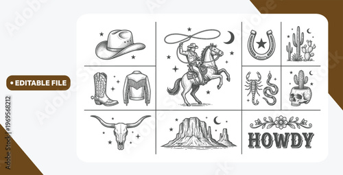 A Western-themed vector graphic set featuring cowboy elements such as a rodeo rider, hat, boots, cacti, skulls, a scorpion, snake, horseshoe, and mountain landscape.
