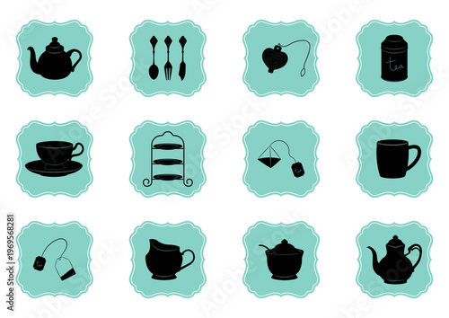 ビンテージ風　紅茶関連用品のアイコンセット