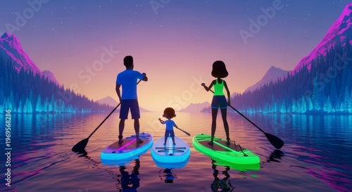 Family on paddleboards at sunset lake.