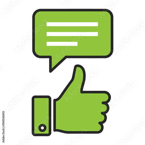 Green thumbs up with speech bubble icon for approval and communication icon