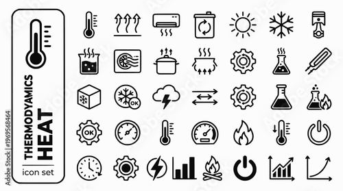 Thermodynamics Heat Transfer Bold Line Icons-Thermometer Conduction Convection Radiation Entropy Carnot Boiling Thermal-25 Thermodynamics Icon Set Vector - Heat Transfer Icons 