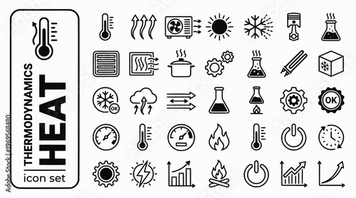 Thermodynamics Heat Transfer Bold Line Icons-Thermometer Conduction Convection Radiation Entropy Carnot Boiling Thermal-25 Thermodynamics Icon Set Vector - Heat Transfer Icons 