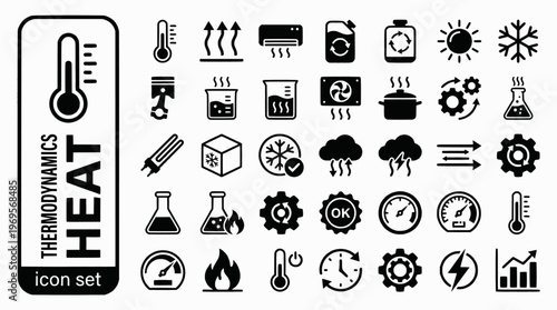 Thermodynamics Heat Transfer Bold Line Icons-Thermometer Conduction Convection Radiation Entropy Carnot Boiling Thermal-25 Thermodynamics Icon Set Vector - Heat Transfer Icons 
