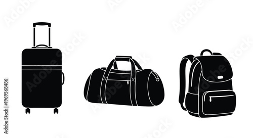 Three travel bags a suitcase duffel bag and backpack in black silhouette