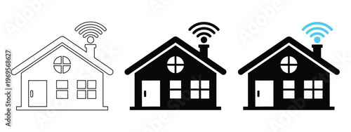 Three house icons line art solid black and black with wi fi signal