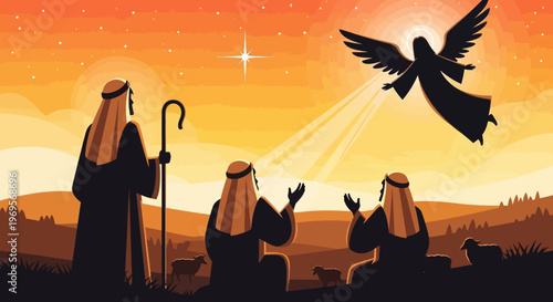 Angel Appears to Shepherds Guiding Sheep Under Starry Night Sky