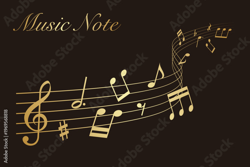 Gold wavy musical score on a black background: Vector illustration of musical notes dancing around a staff.