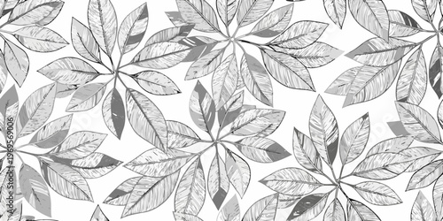 Elegant botanical pattern featuring stylized leaves in grayscale tones