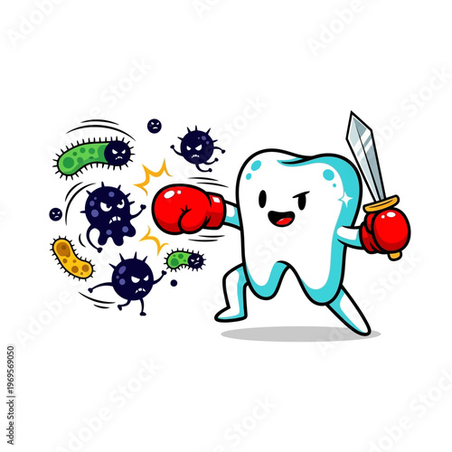 Cartoon tooth with boxing gloves fighting germs.
