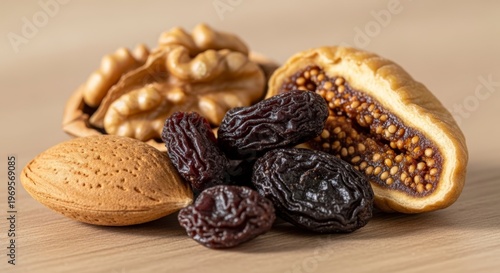 Dried fruits and nuts on table.
