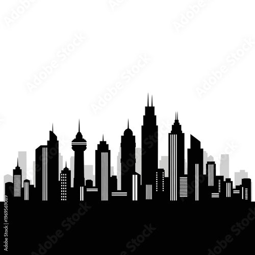 City skyline with tall buildings.