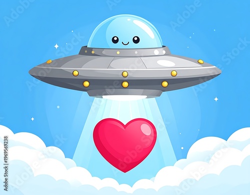 A cartoon alien spaceship shines a beam of light onto a large red heart floating in the sky