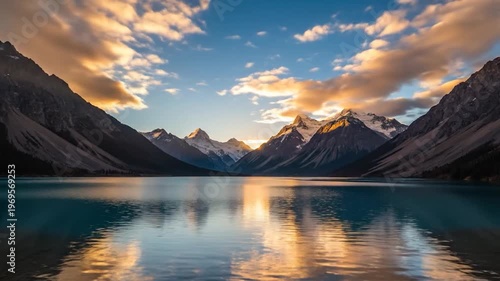 Majestic mountain range reflected in a serene lake during a vibrant sunset