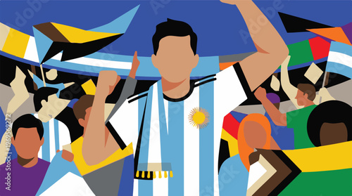 Abstract illustration of Argentinian soccer player celebrating with diverse fans