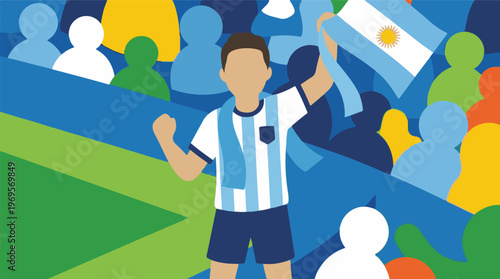 Argentinian soccer fan celebrates victory with flag and scarf in a crowd.