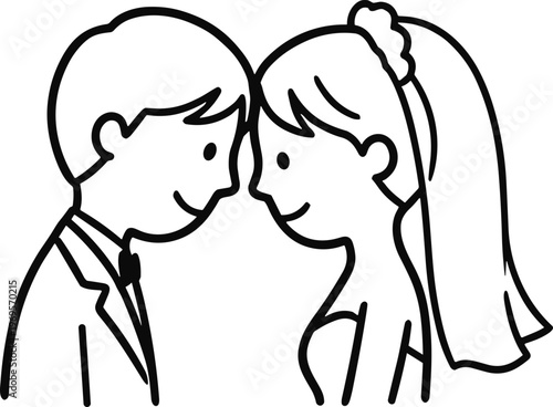 행복한 웨딩 커플 라인 벡터 일러스트