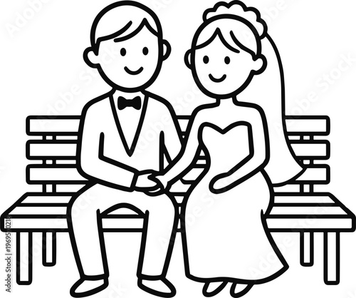 행복한 웨딩 커플 라인 벡터 일러스트