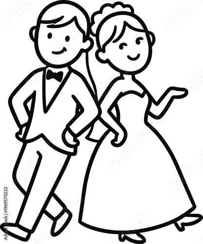 행복한 웨딩 커플 라인 벡터 일러스트