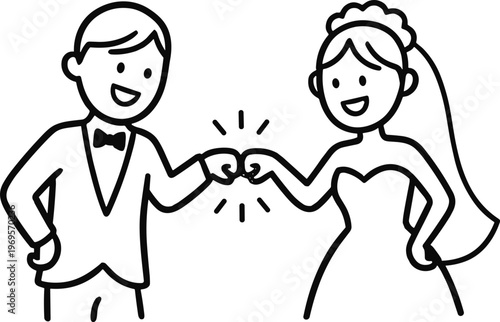 행복한 웨딩 커플 라인 벡터 일러스트