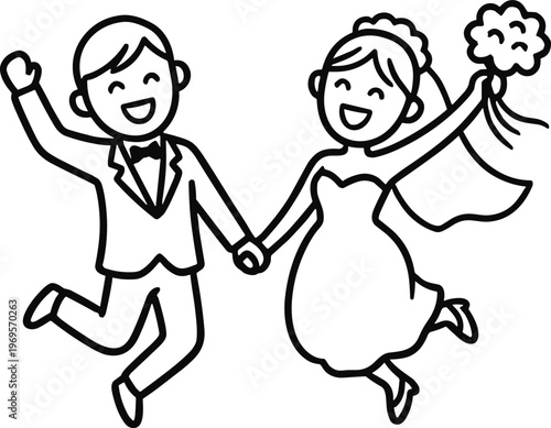 행복한 웨딩 커플 라인 벡터 일러스트