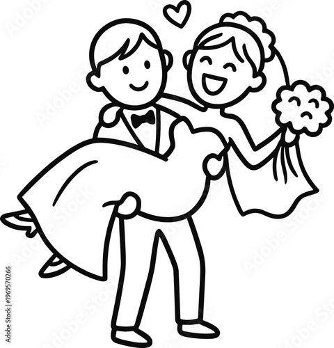 행복한 웨딩 커플 라인 벡터 일러스트